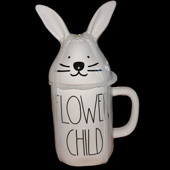 Rae Dunn FLOWER CHILD mug with bunny ears topper - Picture 1 of 2